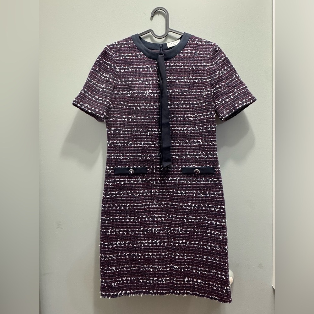 Sandro Plum and White Tweed Short-Sleeve Mini Dress